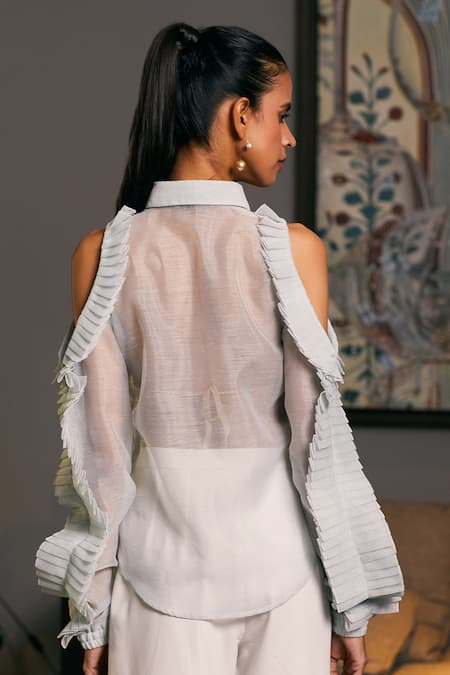 Shop_Siddartha Tytler_Blue Organza Ruffles Cold Shoulder Sheer Shirt _at_Aza_Fashions
