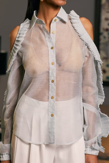 Shop_Siddartha Tytler_Blue Organza Ruffles Cold Shoulder Sheer Shirt _Online_at_Aza_Fashions