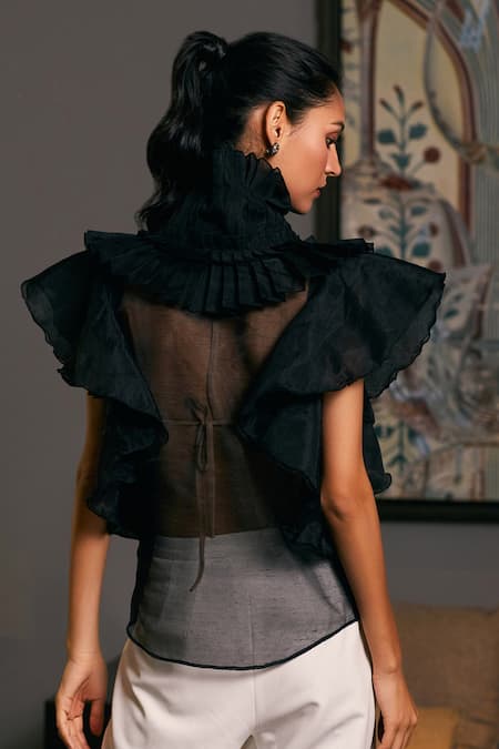 Shop_Siddartha Tytler_Black Organza Sheer Ruffle Victorian Shirt _at_Aza_Fashions