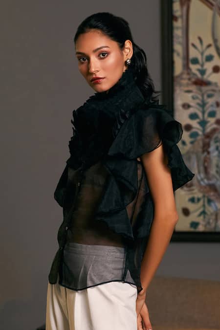 Siddartha Tytler_Black Organza Sheer Ruffle Victorian Shirt _Online_at_Aza_Fashions