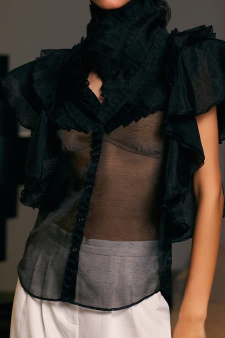 Buy_Siddartha Tytler_Black Organza Sheer Ruffle Victorian Shirt _Online_at_Aza_Fashions