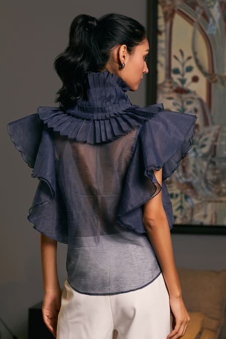 Shop_Siddartha Tytler_Blue Organza Ruffle Sheer Victorian Shirt _at_Aza_Fashions
