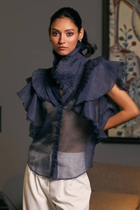 Siddartha Tytler_Blue Organza Ruffle Sheer Victorian Shirt _Online_at_Aza_Fashions