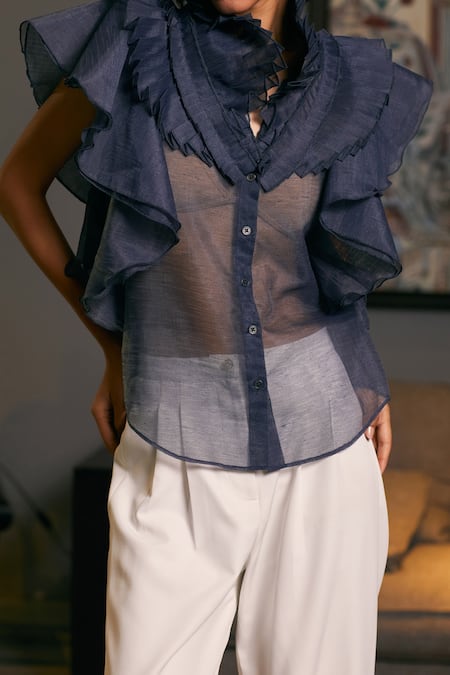 Buy_Siddartha Tytler_Blue Organza Ruffle Sheer Victorian Shirt _Online_at_Aza_Fashions