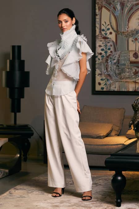 Siddartha Tytler_Blue Organza Textured Ruffle Victorian Shirt _Online_at_Aza_Fashions