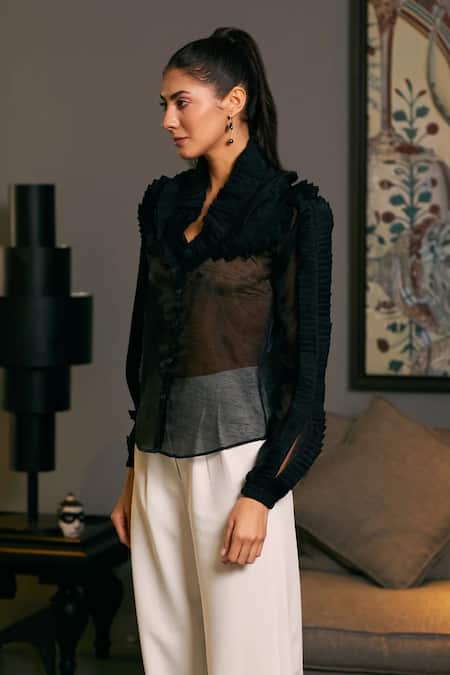 Shop_Siddartha Tytler_Black Organza Round Neck Ruffle Victorian Shirt _at_Aza_Fashions