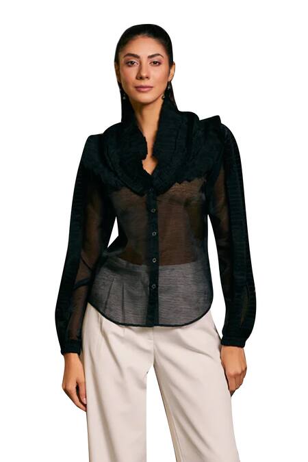 Siddartha Tytler_Black Organza Round Neck Ruffle Victorian Shirt _Online_at_Aza_Fashions