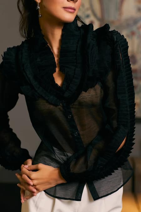 Buy_Siddartha Tytler_Black Organza Round Neck Ruffle Victorian Shirt _Online_at_Aza_Fashions