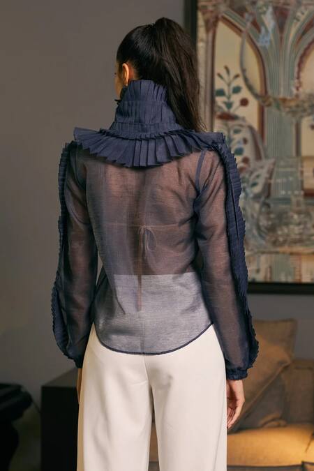 Shop_Siddartha Tytler_Blue Organza Tiered Ruffle Victorian Shirt _at_Aza_Fashions