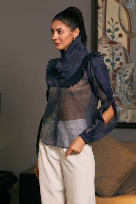 Siddartha Tytler_Blue Organza Tiered Ruffle Victorian Shirt _Online_at_Aza_Fashions