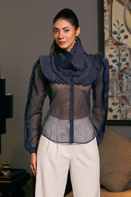 Buy_Siddartha Tytler_Blue Organza Tiered Ruffle Victorian Shirt _Online_at_Aza_Fashions