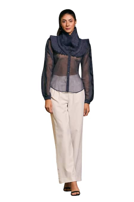 Siddartha Tytler_Blue Organza Tiered Ruffle Victorian Shirt _at_Aza_Fashions