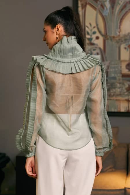 Shop_Siddartha Tytler_Green Organza Ruffle Tiered Victorian Shirt _at_Aza_Fashions
