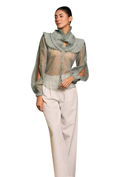 Siddartha Tytler_Green Organza Ruffle Tiered Victorian Shirt _Online_at_Aza_Fashions