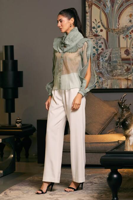 Buy_Siddartha Tytler_Green Organza Ruffle Tiered Victorian Shirt _Online_at_Aza_Fashions