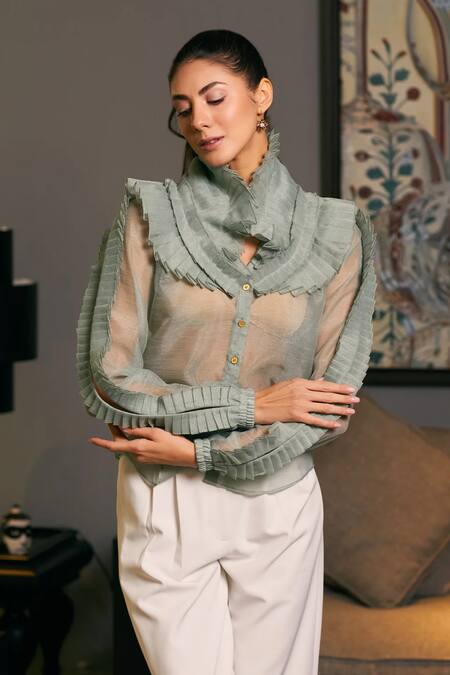 Shop_Siddartha Tytler_Green Organza Ruffle Tiered Victorian Shirt _Online_at_Aza_Fashions