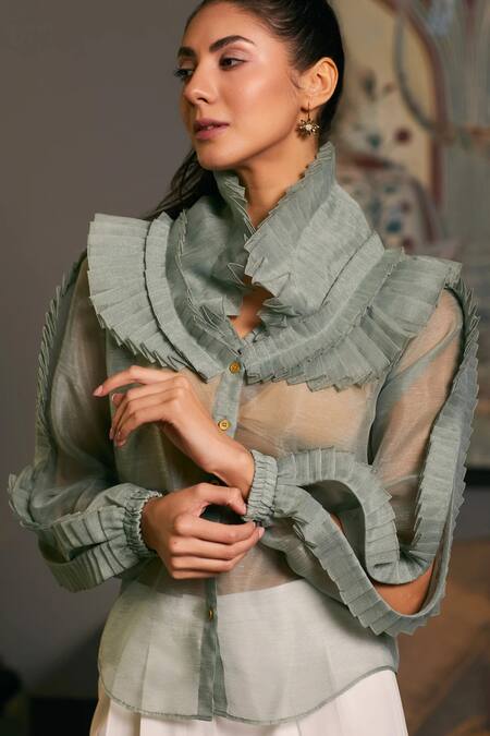 Siddartha Tytler_Green Organza Ruffle Tiered Victorian Shirt _at_Aza_Fashions