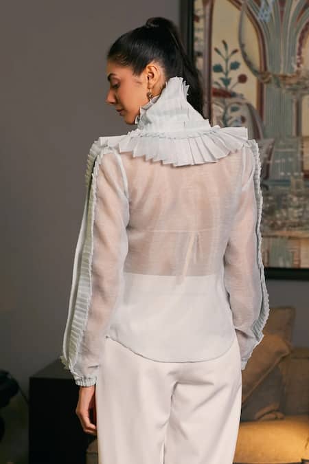 Shop_Siddartha Tytler_Blue Organza Racerback Plain Ruffle Victorian Shirt _at_Aza_Fashions