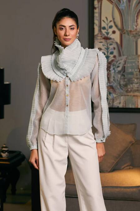 Siddartha Tytler_Blue Organza Racerback Plain Ruffle Victorian Shirt _Online_at_Aza_Fashions