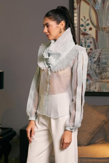 Buy_Siddartha Tytler_Blue Organza Racerback Plain Ruffle Victorian Shirt _Online_at_Aza_Fashions