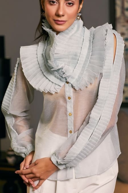Shop_Siddartha Tytler_Blue Organza Racerback Plain Ruffle Victorian Shirt _Online_at_Aza_Fashions