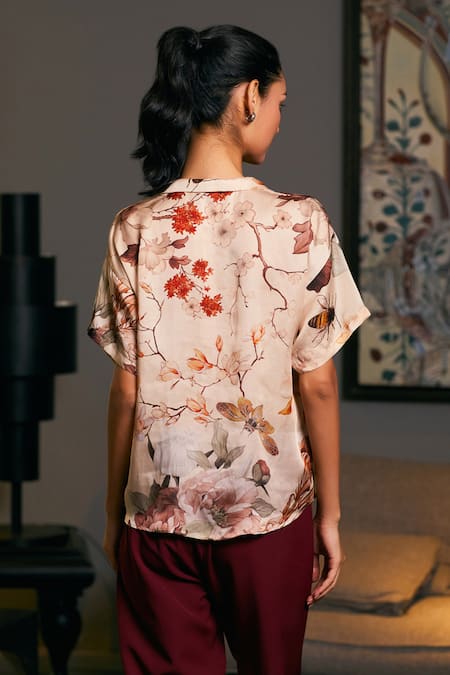 Shop_Siddartha Tytler_Beige Embroidery Floral Bee Print Shirt _at_Aza_Fashions