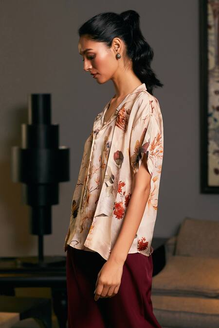 Siddartha Tytler_Beige Embroidery Floral Bee Print Shirt _Online_at_Aza_Fashions