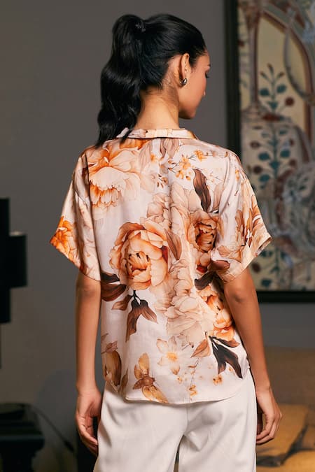 Shop_Siddartha Tytler_Beige Bamboo Embroidery Floral Moth Print Shirt _at_Aza_Fashions