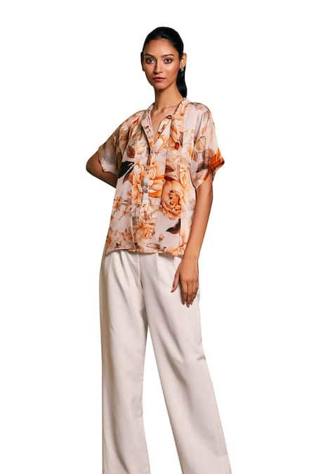 Siddartha Tytler_Beige Bamboo Embroidery Floral Moth Print Shirt _Online_at_Aza_Fashions