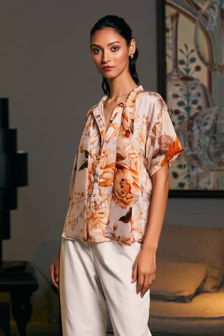 Buy_Siddartha Tytler_Beige Bamboo Embroidery Floral Moth Print Shirt _Online_at_Aza_Fashions