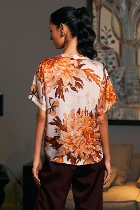 Shop_Siddartha Tytler_Beige Bamboo Shawl Neck Floral Snake Print Shirt _at_Aza_Fashions