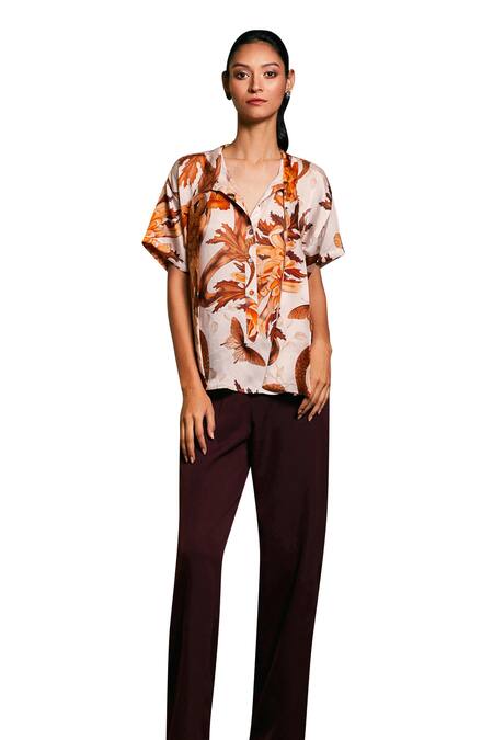 Siddartha Tytler_Beige Bamboo Shawl Neck Floral Snake Print Shirt _Online_at_Aza_Fashions