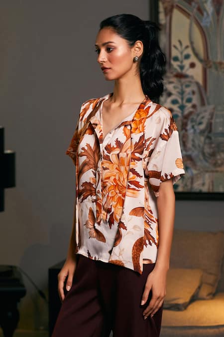 Buy_Siddartha Tytler_Beige Bamboo Shawl Neck Floral Snake Print Shirt _Online_at_Aza_Fashions