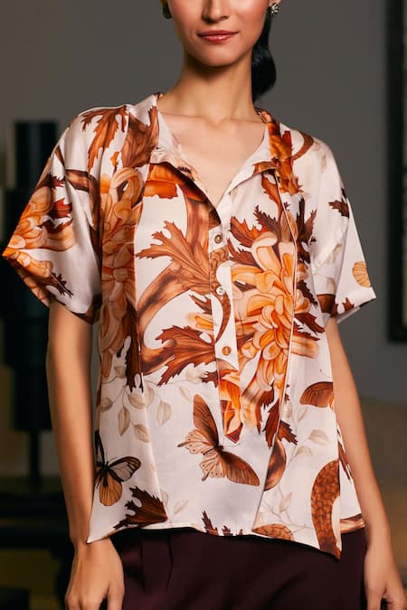 Shop_Siddartha Tytler_Beige Bamboo Shawl Neck Floral Snake Print Shirt _Online_at_Aza_Fashions