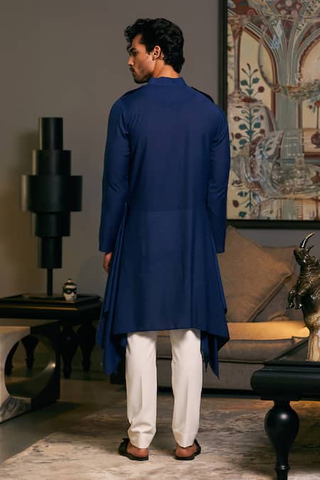 Shop_Siddartha Tytler_Blue Linen Solid Draped Kurta _at_Aza_Fashions
