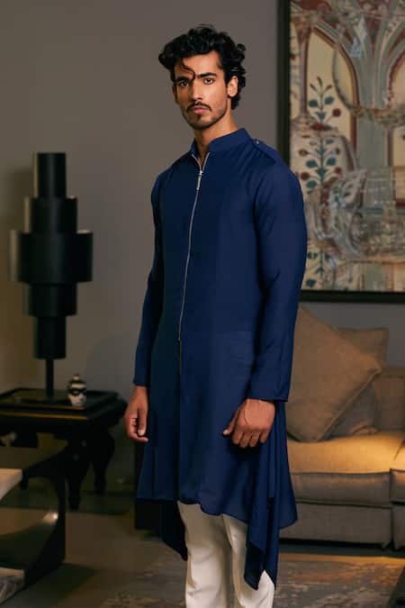 Siddartha Tytler_Blue Linen Solid Draped Kurta _Online_at_Aza_Fashions