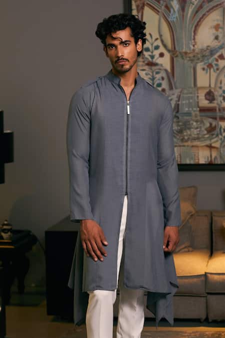 Shop Siddartha Tytler Grey Linen Plain Draped Kurta at Aza Fashions Shop_Siddartha Tytler_Grey Linen Plain Draped Kurta _at_Aza_Fashions
