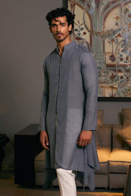 Siddartha Tytler Grey Linen Plain Draped Kurta Online at Aza Fashions Siddartha Tytler_Grey Linen Plain Draped Kurta _Online_at_Aza_Fashions