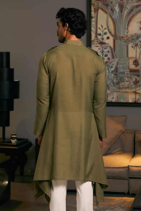 Shop_Siddartha Tytler_Green Linen Solid Full Sleeve Draped Kurta _at_Aza_Fashions