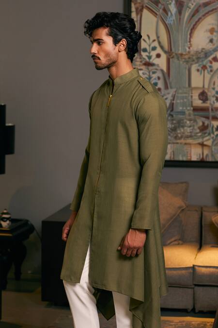 Siddartha Tytler_Green Linen Solid Full Sleeve Draped Kurta _Online_at_Aza_Fashions