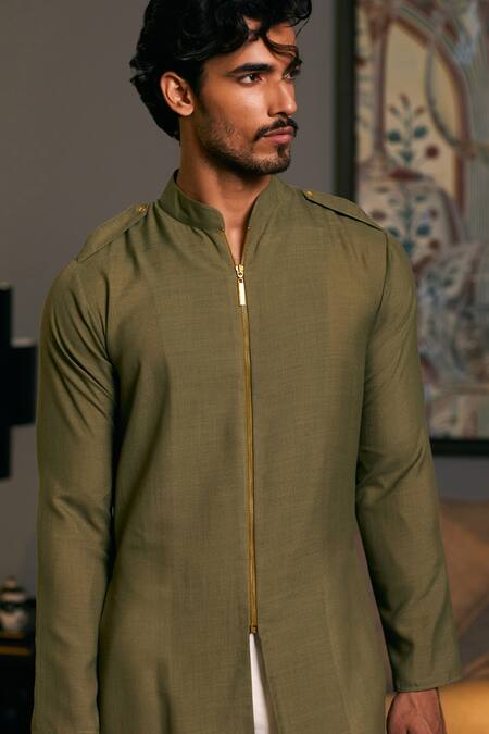 Buy_Siddartha Tytler_Green Linen Solid Full Sleeve Draped Kurta _Online_at_Aza_Fashions