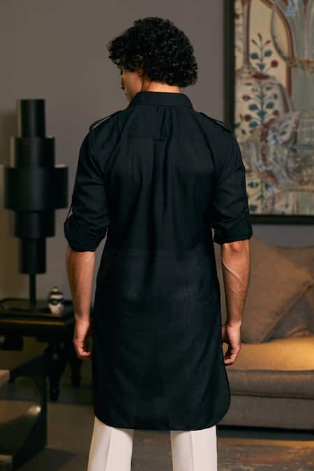 Shop_Siddartha Tytler_Black Linen Solid Military Kurta _at_Aza_Fashions