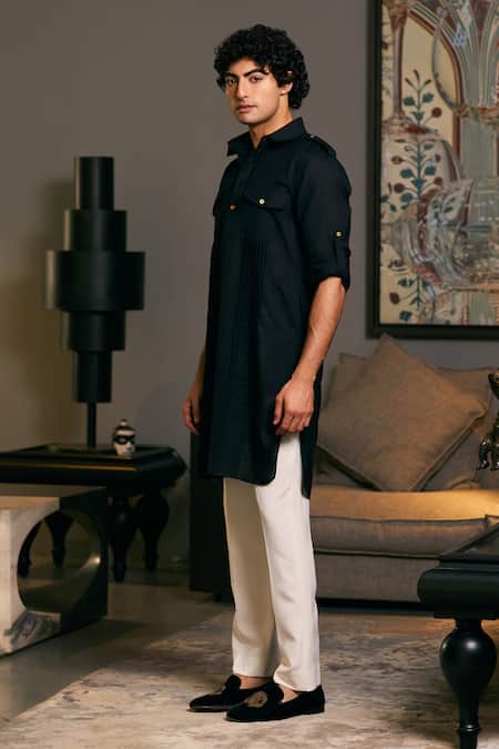 Siddartha Tytler_Black Linen Solid Military Kurta _Online_at_Aza_Fashions