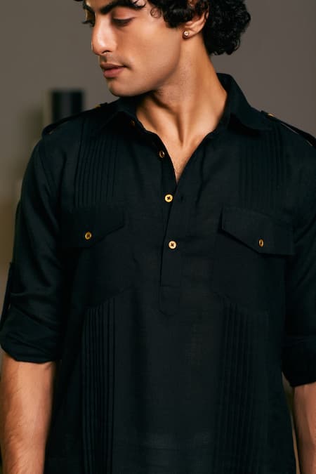 Buy_Siddartha Tytler_Black Linen Solid Military Kurta _Online_at_Aza_Fashions