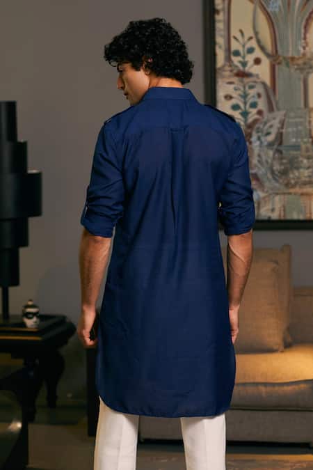 Shop_Siddartha Tytler_Blue Linen Plain Military Kurta _at_Aza_Fashions