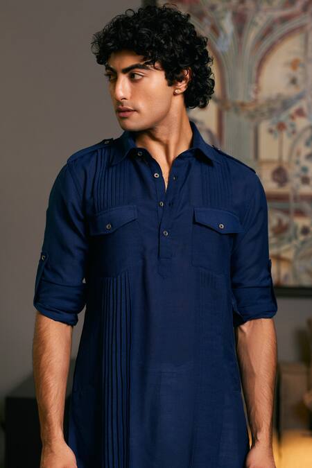 Buy_Siddartha Tytler_Blue Linen Plain Military Kurta _Online_at_Aza_Fashions