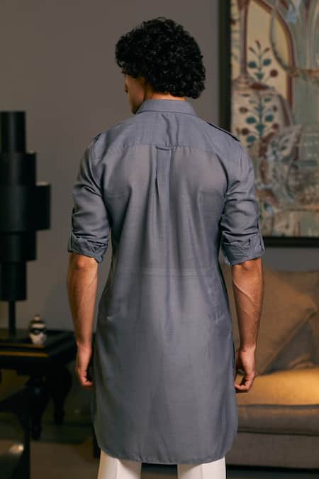 Shop_Siddartha Tytler_Grey Linen Solid Roll-up Sleeve Military Kurta _at_Aza_Fashions