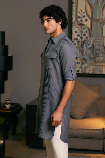 Siddartha Tytler_Grey Linen Solid Roll-up Sleeve Military Kurta _Online_at_Aza_Fashions