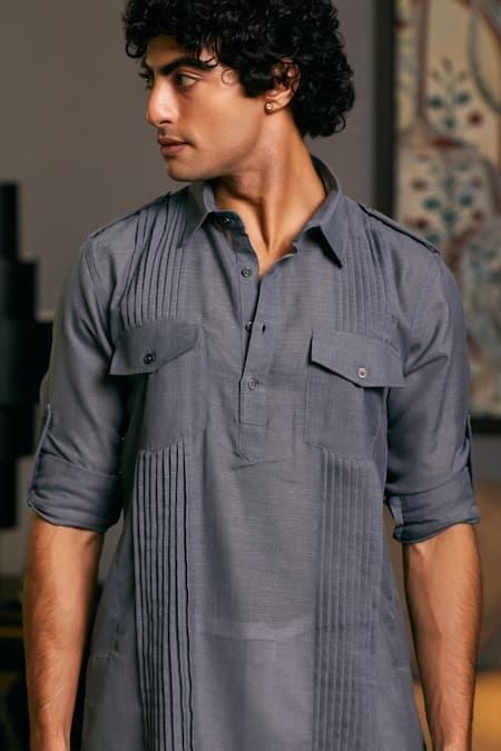 Buy_Siddartha Tytler_Grey Linen Solid Roll-up Sleeve Military Kurta _Online_at_Aza_Fashions