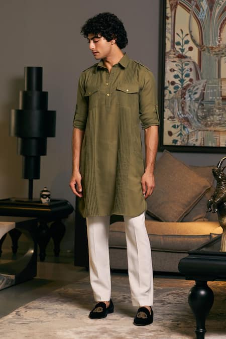 Siddartha Tytler Plain Roll-Up Sleeve Military Kurta 